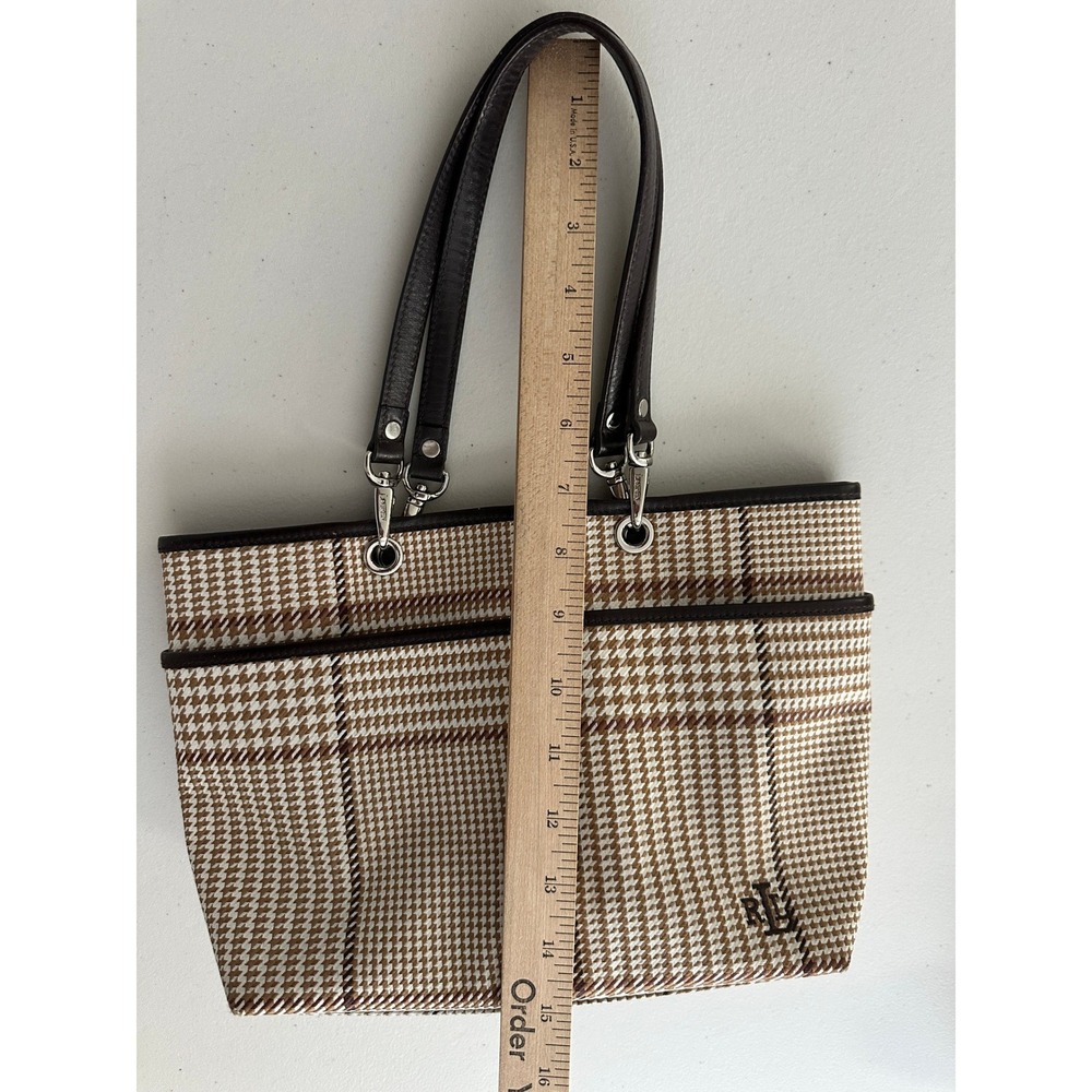 Lauren Ralph Lauren Brown Houndstooth Plaid Tote Bag Leather Trim Shoulder Bag - Picture 13 of 15